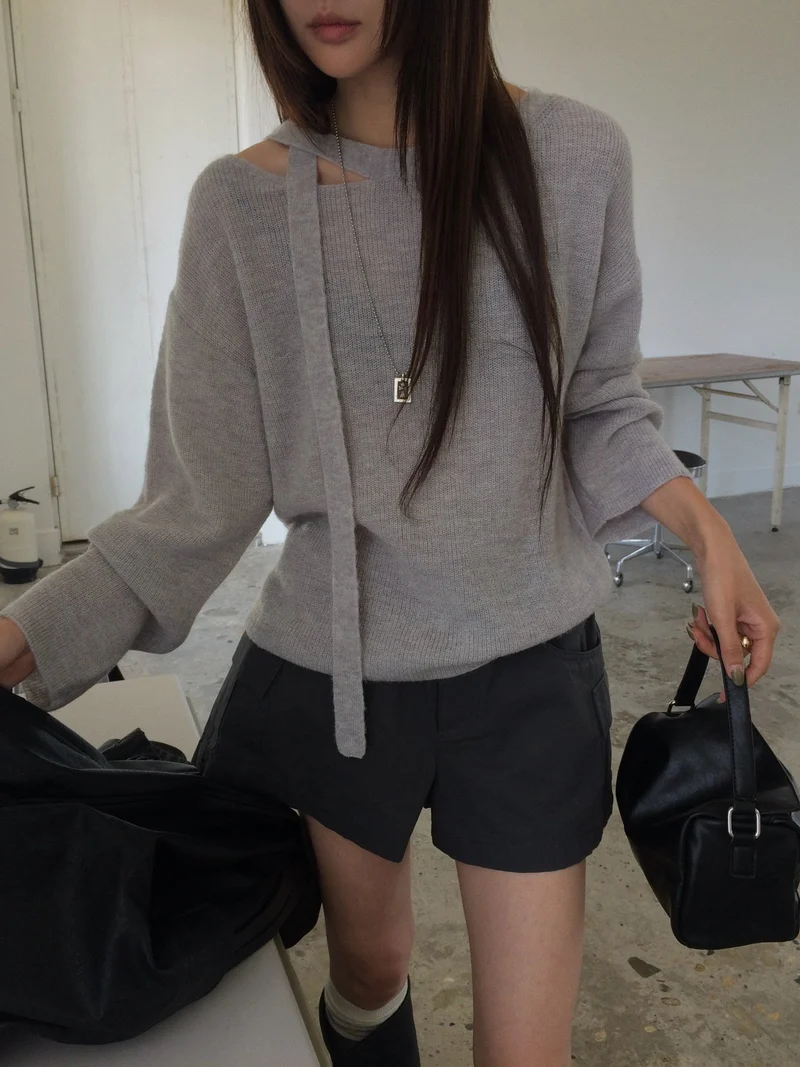 Anou Off-Shoulder Strap Cutout Loose Fit Long Sleeve Knit Top