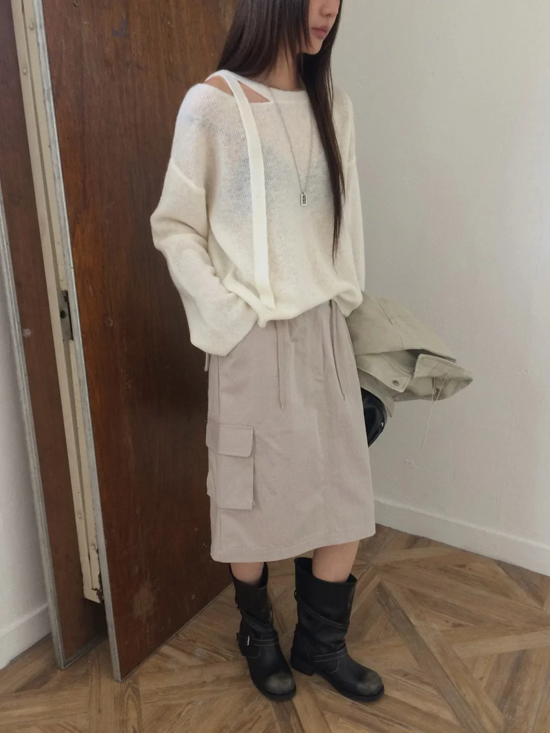 Anou Off-Shoulder Strap Cutout Loose Fit Long Sleeve Knit Top