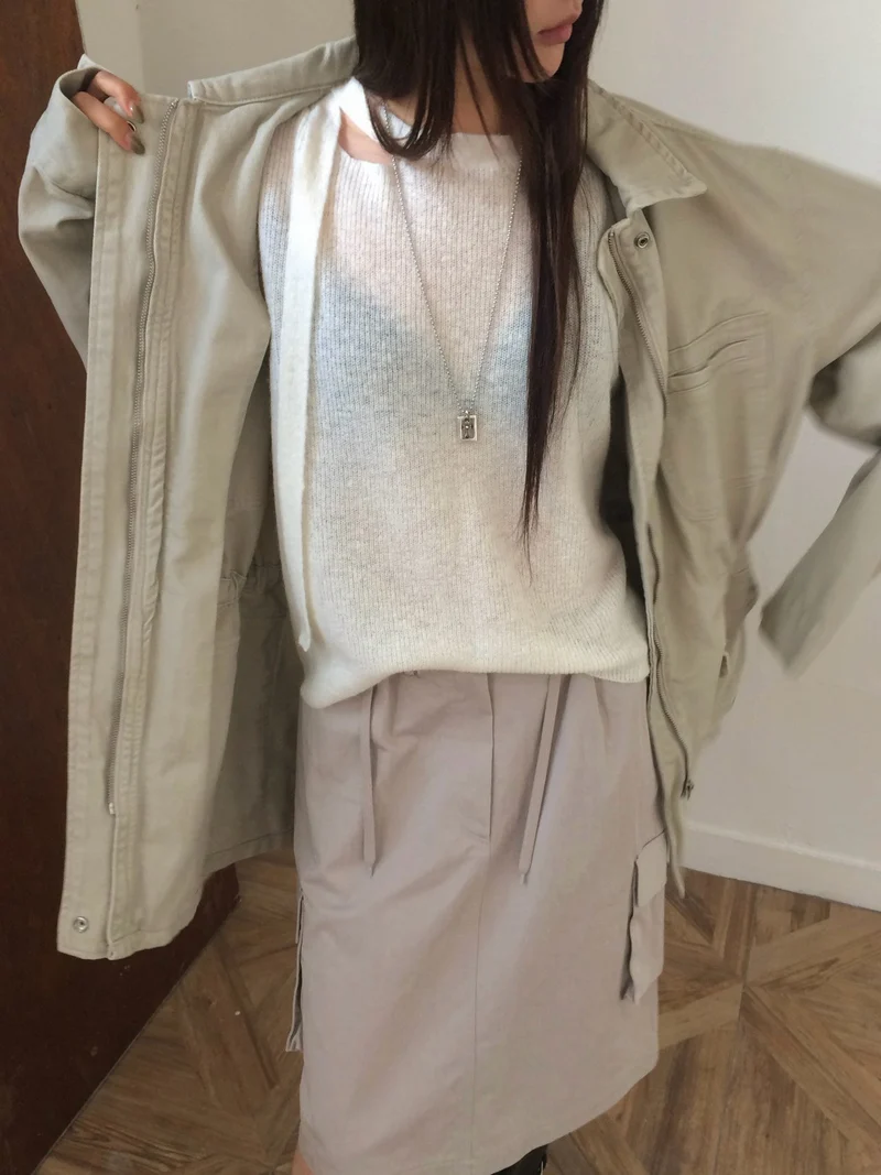 Anou Off-Shoulder Strap Cutout Loose Fit Long Sleeve Knit Top