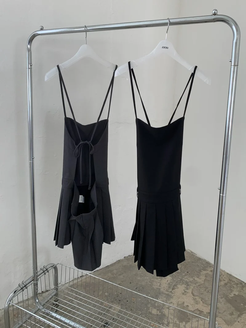 Anou Pleated Hem Mini Slip Dress with Back Strap Detail