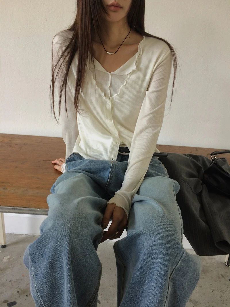 Anou Wave Hem Ribbed Button-Front Long Sleeve Top