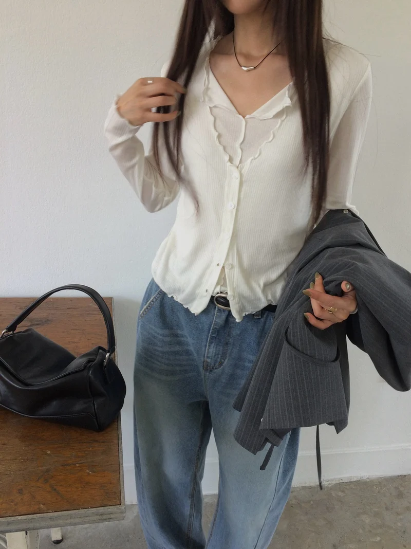 Anou Wave Hem Ribbed Button-Front Long Sleeve Top