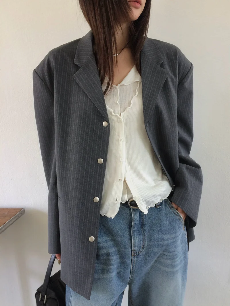 Anou Wave Hem Ribbed Button-Front Long Sleeve Top