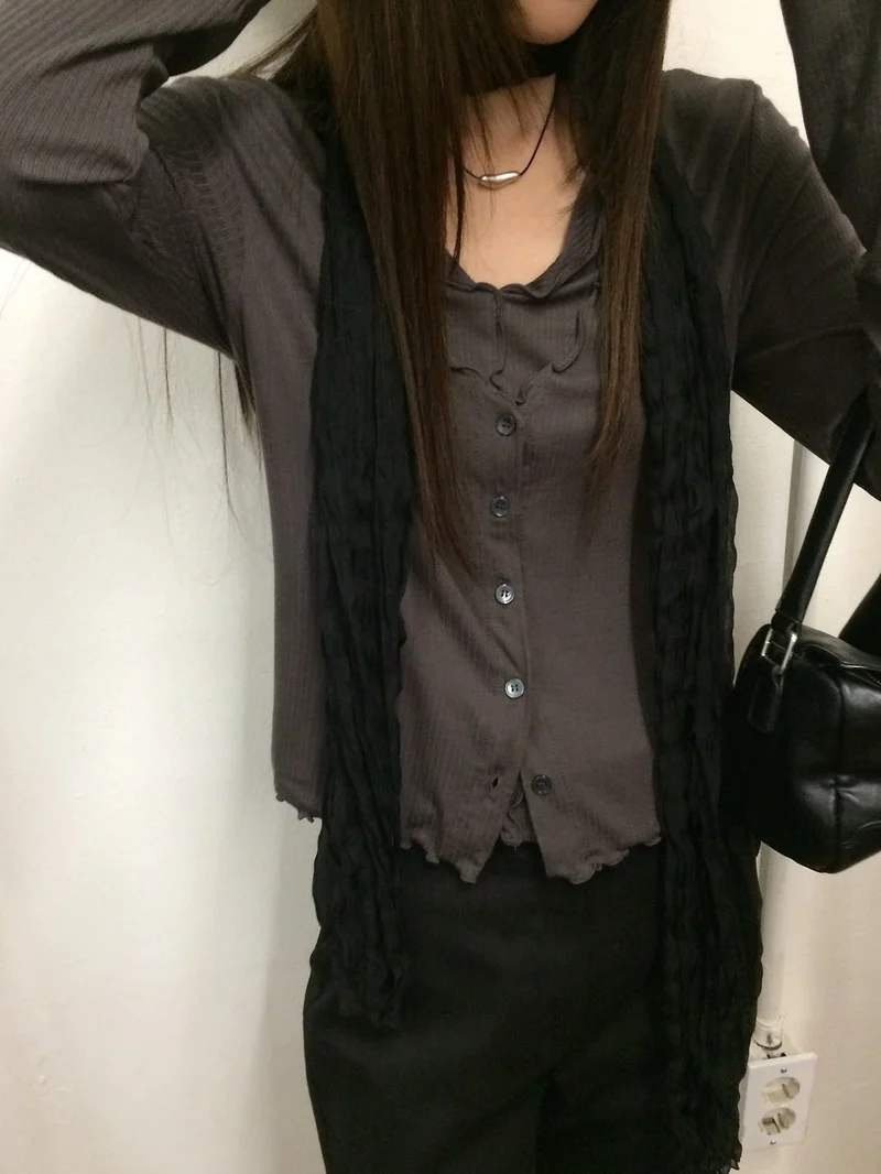 Anou Wave Hem Ribbed Button-Front Long Sleeve Top
