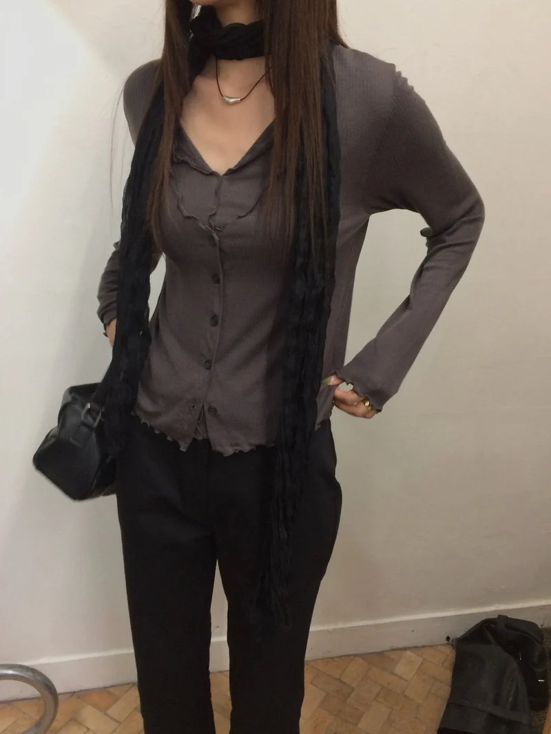 Anou Wave Hem Ribbed Button-Front Long Sleeve Top