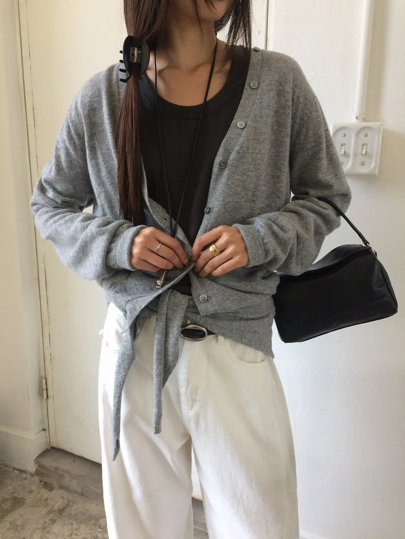 Anou V-Neck Button Knit Cardigan with Set Scarf