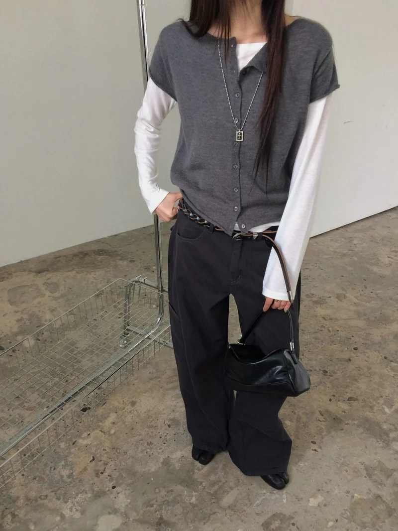 Anou Front Button Cropped Cap Sleeve Knit Vest