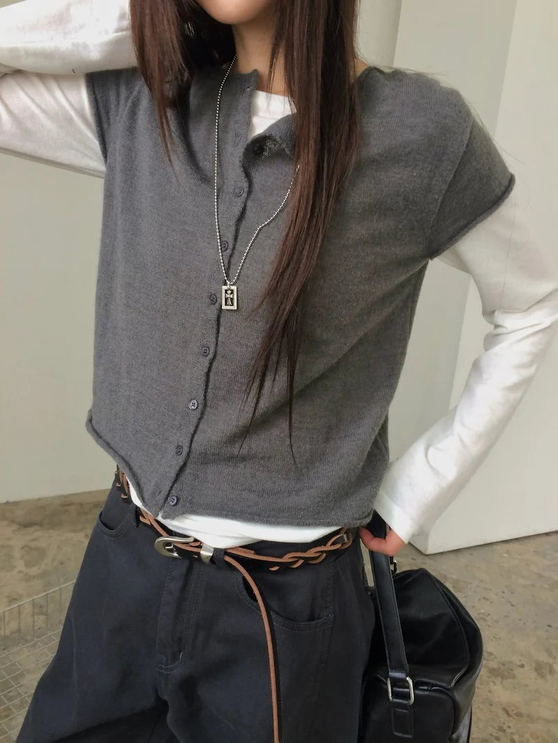 Anou Front Button Cropped Cap Sleeve Knit Vest