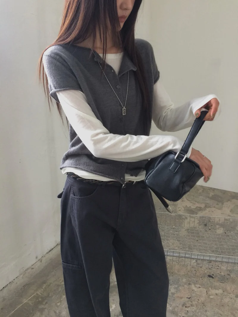 Anou Front Button Cropped Cap Sleeve Knit Vest