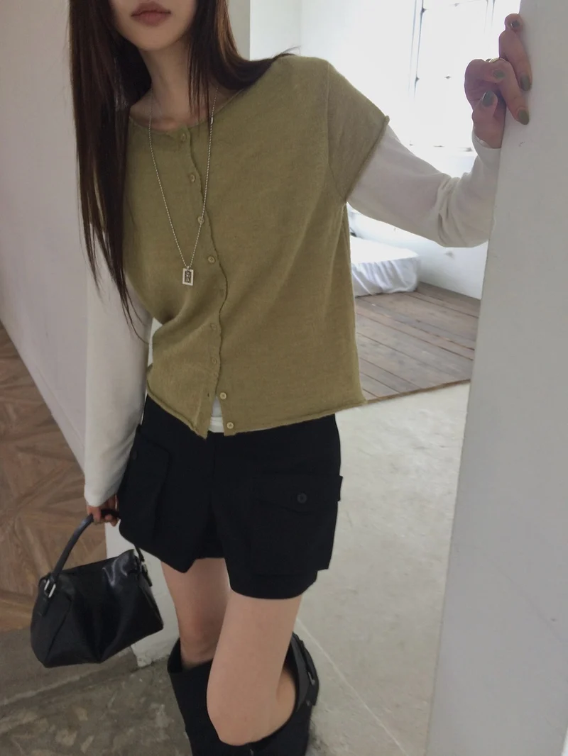 Anou Front Button Cropped Cap Sleeve Knit Vest