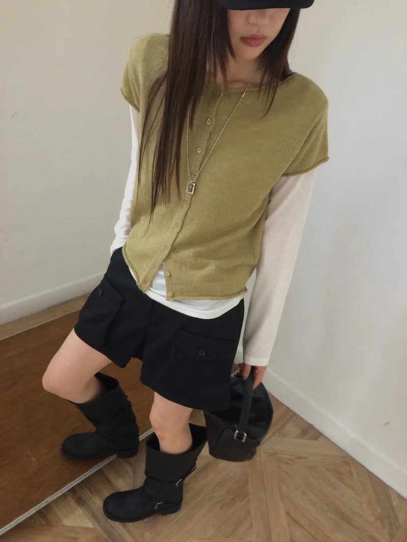 Anou Front Button Cropped Cap Sleeve Knit Vest