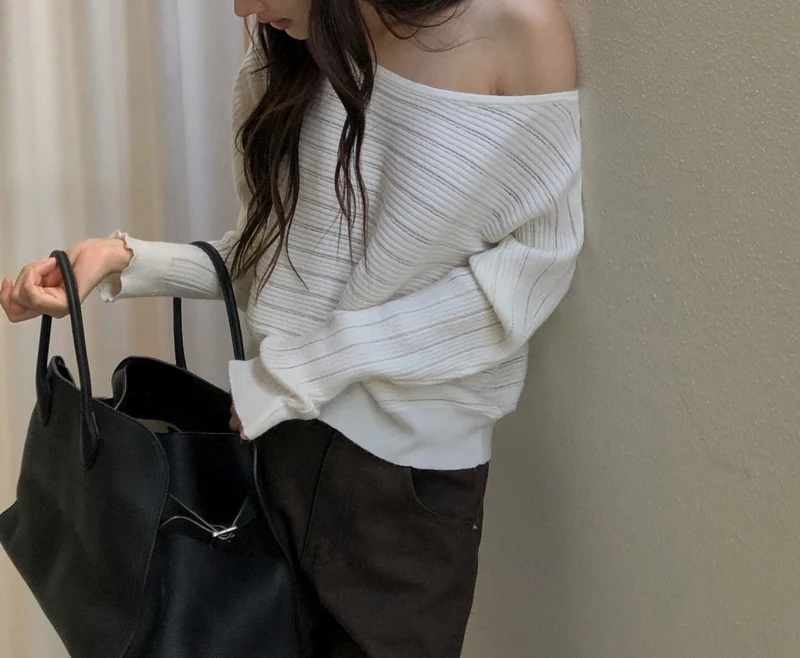 Dressroom Oversized Wide Boat Neck Cropped Rib Knit Top