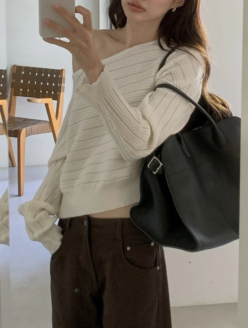Dressroom Oversized Wide Boat Neck Cropped Rib Knit Top