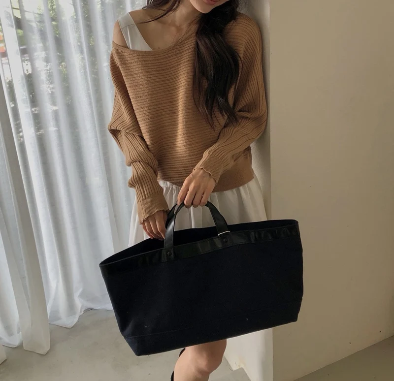 Dressroom Oversized Wide Boat Neck Cropped Rib Knit Top