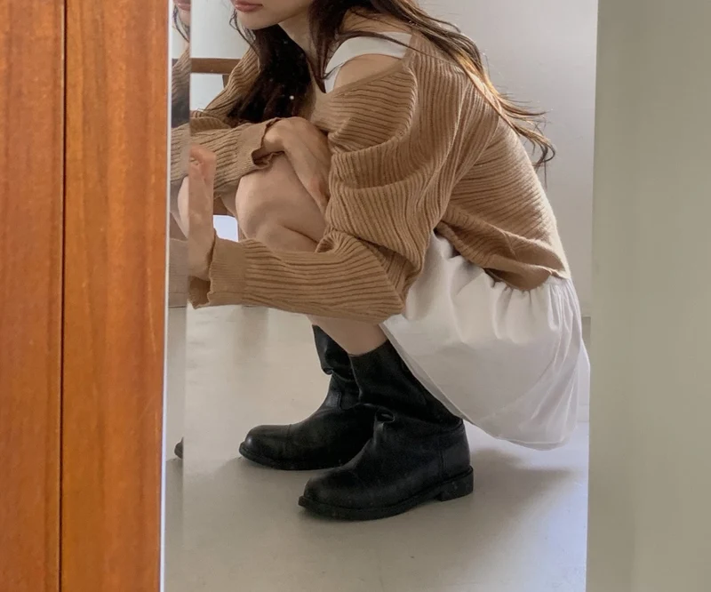 Dressroom Oversized Wide Boat Neck Cropped Rib Knit Top