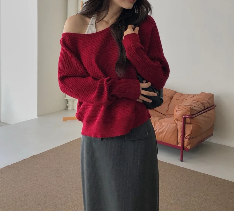 Dressroom Oversized Wide Boat Neck Cropped Rib Knit Top