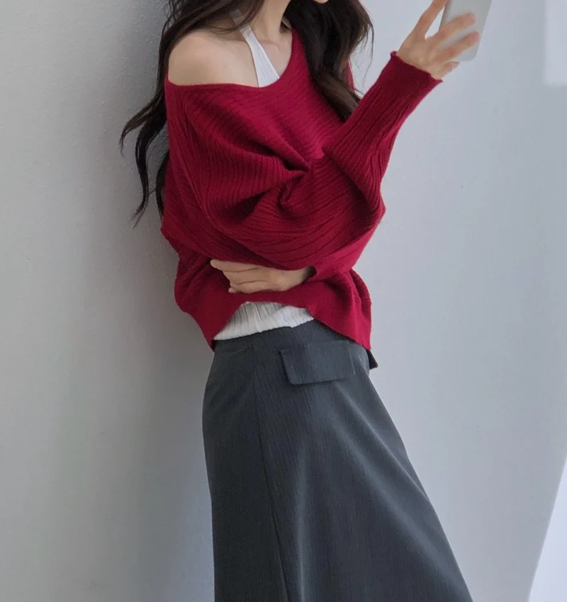Dressroom Oversized Wide Boat Neck Cropped Rib Knit Top