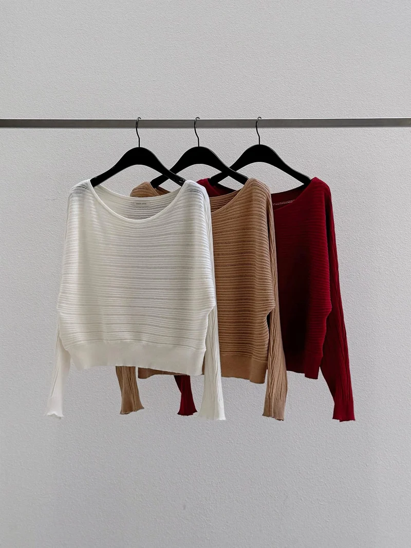 Dressroom Oversized Wide Boat Neck Cropped Rib Knit Top