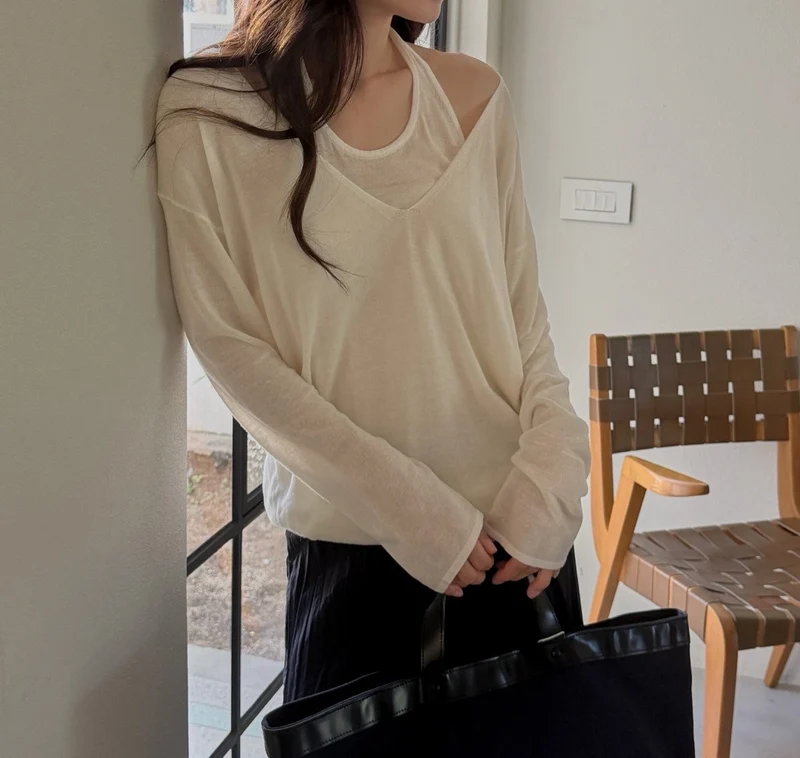 Dressroom V-Neck Layered Look Long Sleeve Knit Top