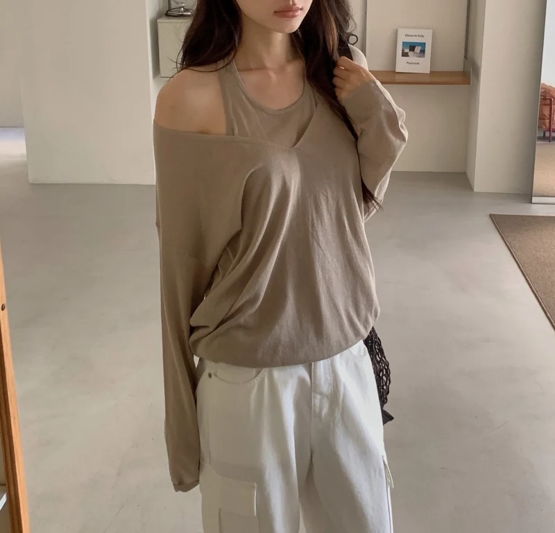 Dressroom V-Neck Layered Look Long Sleeve Knit Top