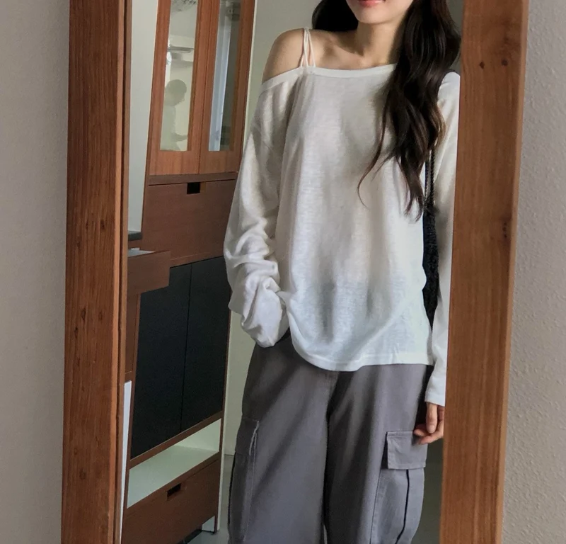 Dressroom Off Shoulder Strap Detail Long Sleeve Top
