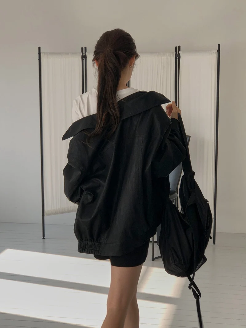 Dressroom Oversized Wide Collar Faux Leather Blouson Jacket