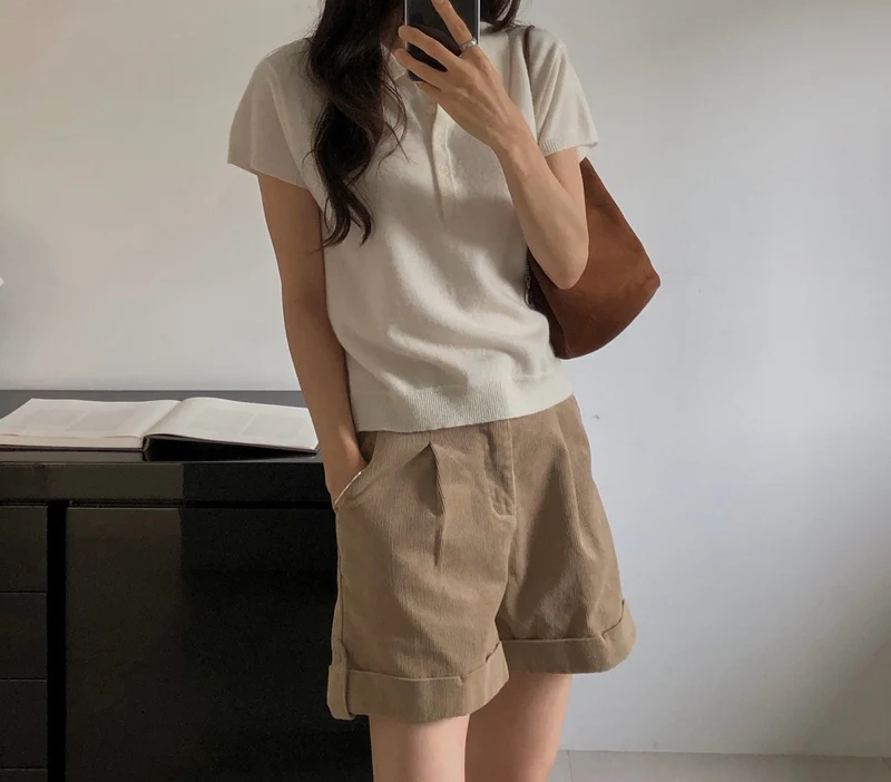 Dressroom High Waist Pleated Roll-Up Corduroy Shorts