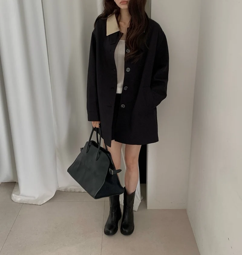 Dressroom Oversized Contrast Collar Corduroy Trim Long Coat