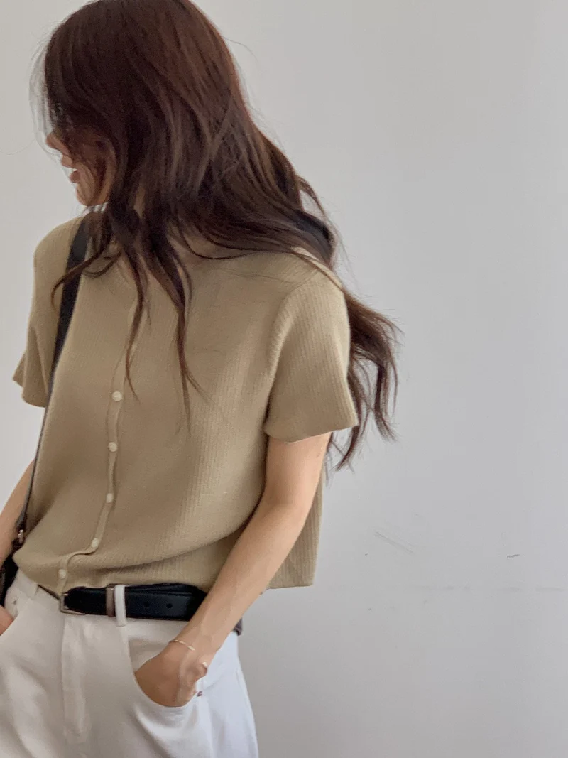 Dressroom Round Neck Button Front Cropped Ribbed Short Sleeve Cardigan