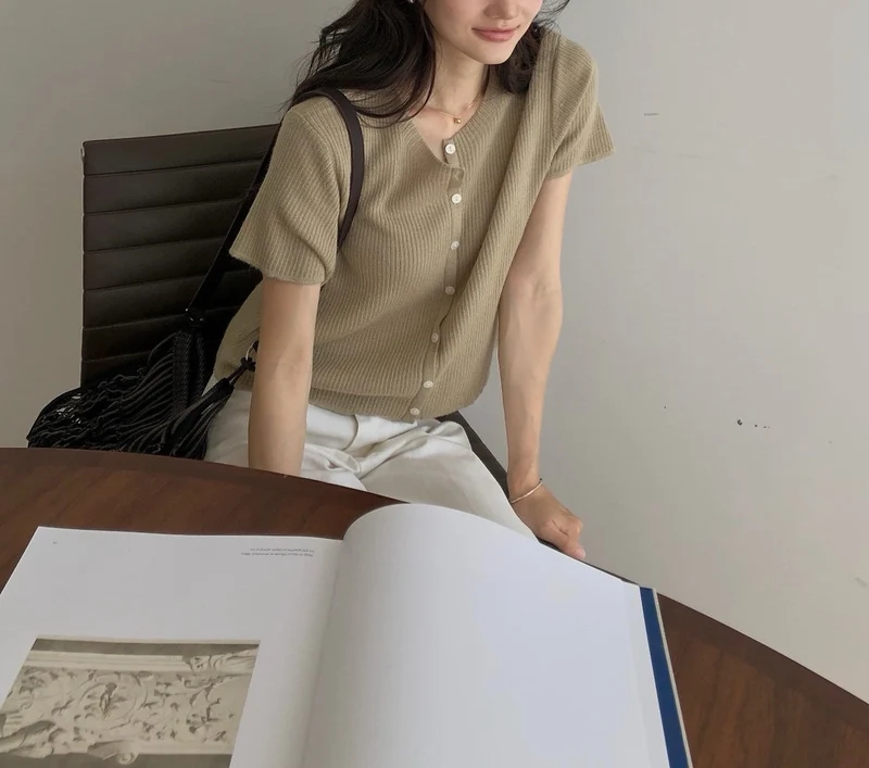Dressroom Round Neck Button Front Cropped Ribbed Short Sleeve Cardigan