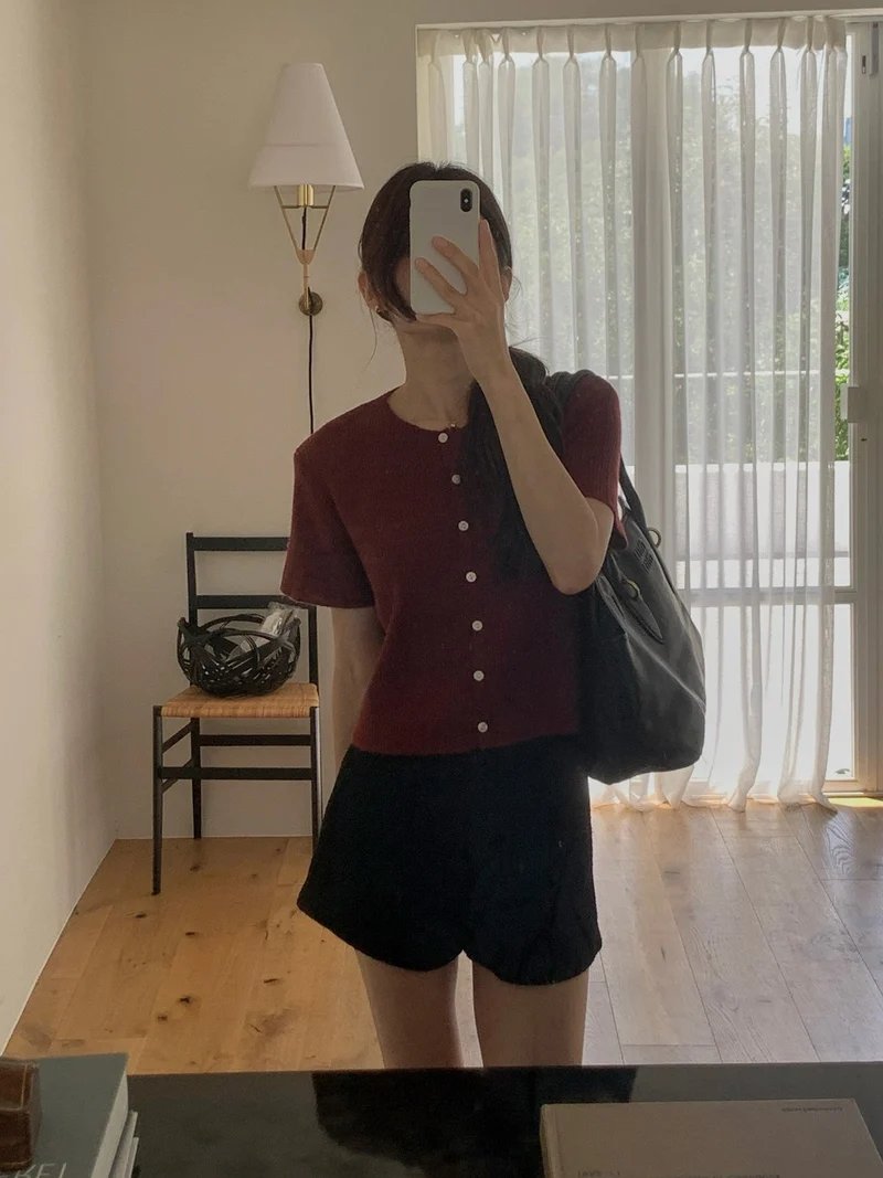Dressroom Round Neck Button Front Cropped Ribbed Short Sleeve Cardigan