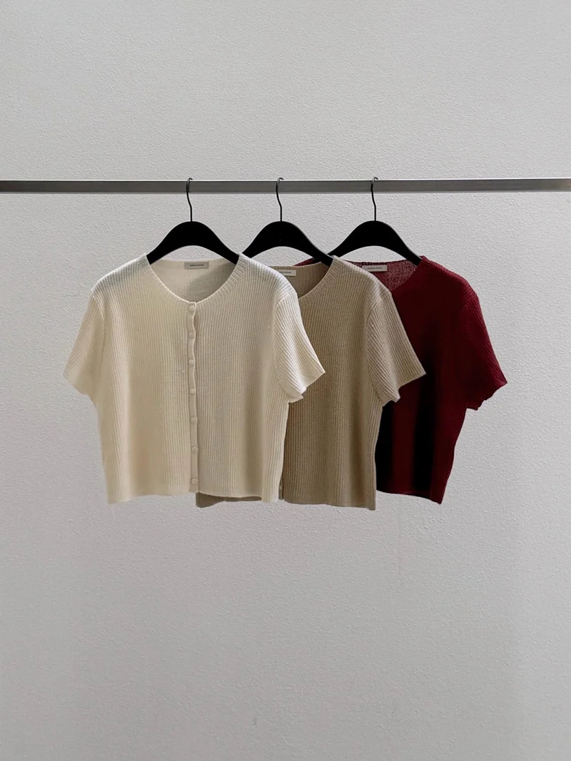 Dressroom Round Neck Button Front Cropped Ribbed Short Sleeve Cardigan