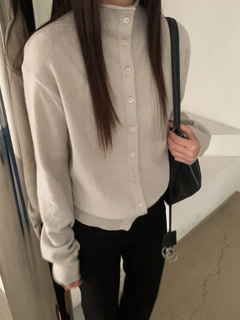 Near&Dear Half Turtleneck Button Front Cropped Knit Cardigan
