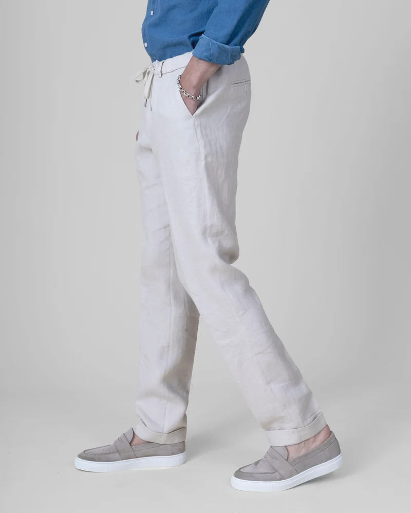 Pantalon à lacet Amovible "Solenzara" en Lin Beige Tissus Loro Piana®