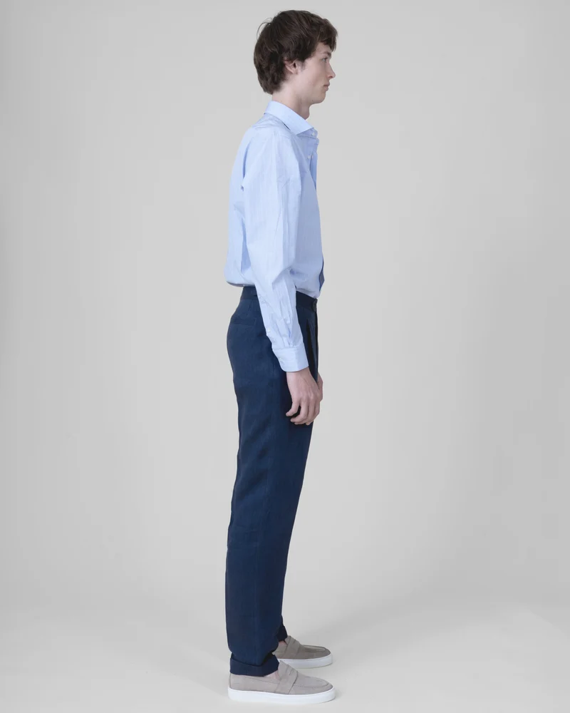 Pantalon à Pinces et Pattes de Serrage "Corinthe" en Lin Bleu Marine