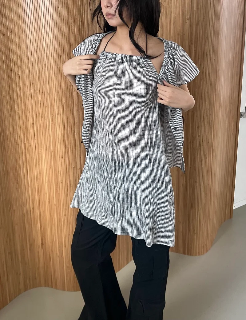 ASKHAKI Mini Check Ruffle Neck Cropped Cardigan and Spaghetti Strap Dress Set
