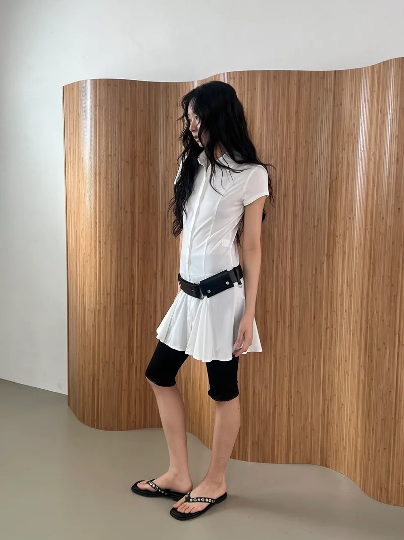 ASKHAKI Shirt Collar Button Front Pleated Flare Mini Dress