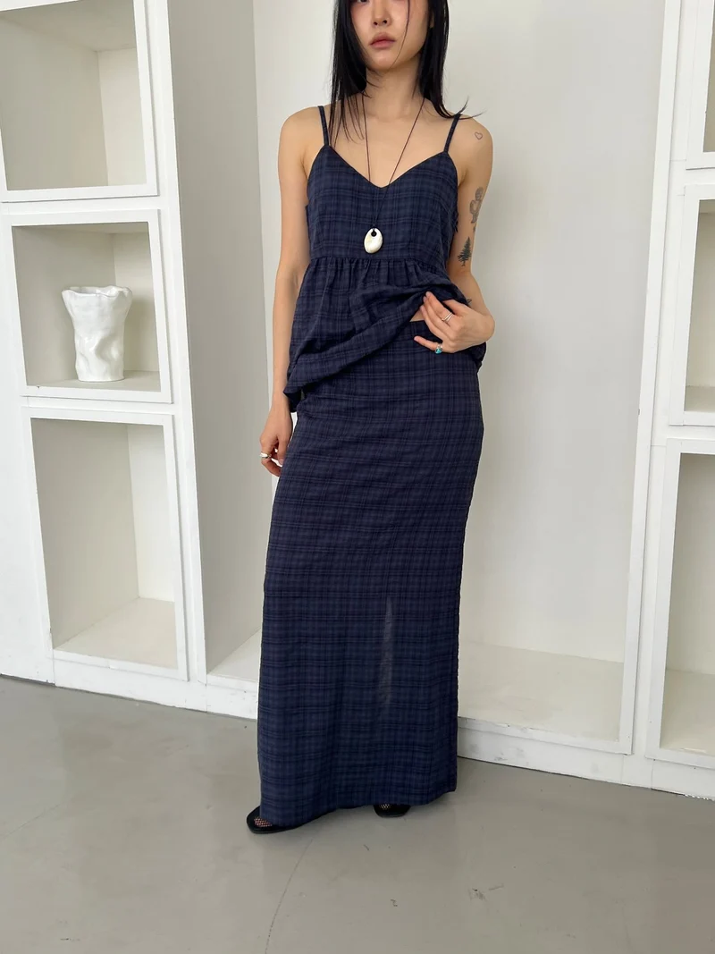 ASKHAKI Check Texture Spaghetti Strap Blouse and Maxi Skirt Set