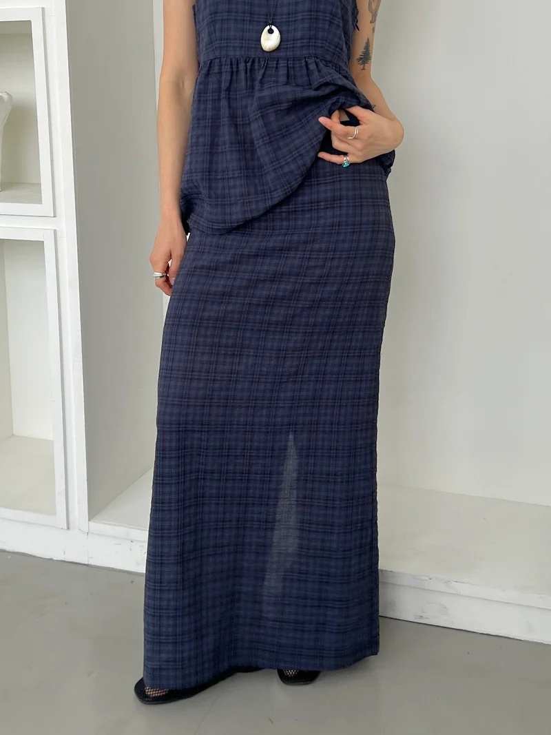 ASKHAKI Check Texture Spaghetti Strap Blouse and Maxi Skirt Set
