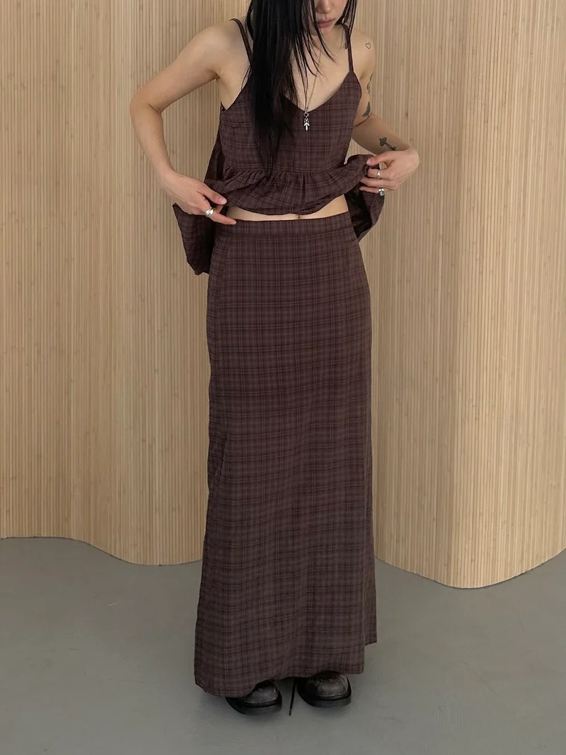 ASKHAKI Check Texture Spaghetti Strap Blouse and Maxi Skirt Set