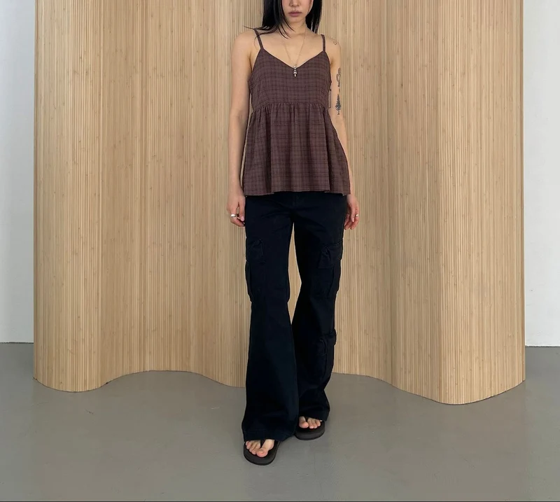 ASKHAKI Check Texture Spaghetti Strap Blouse and Maxi Skirt Set