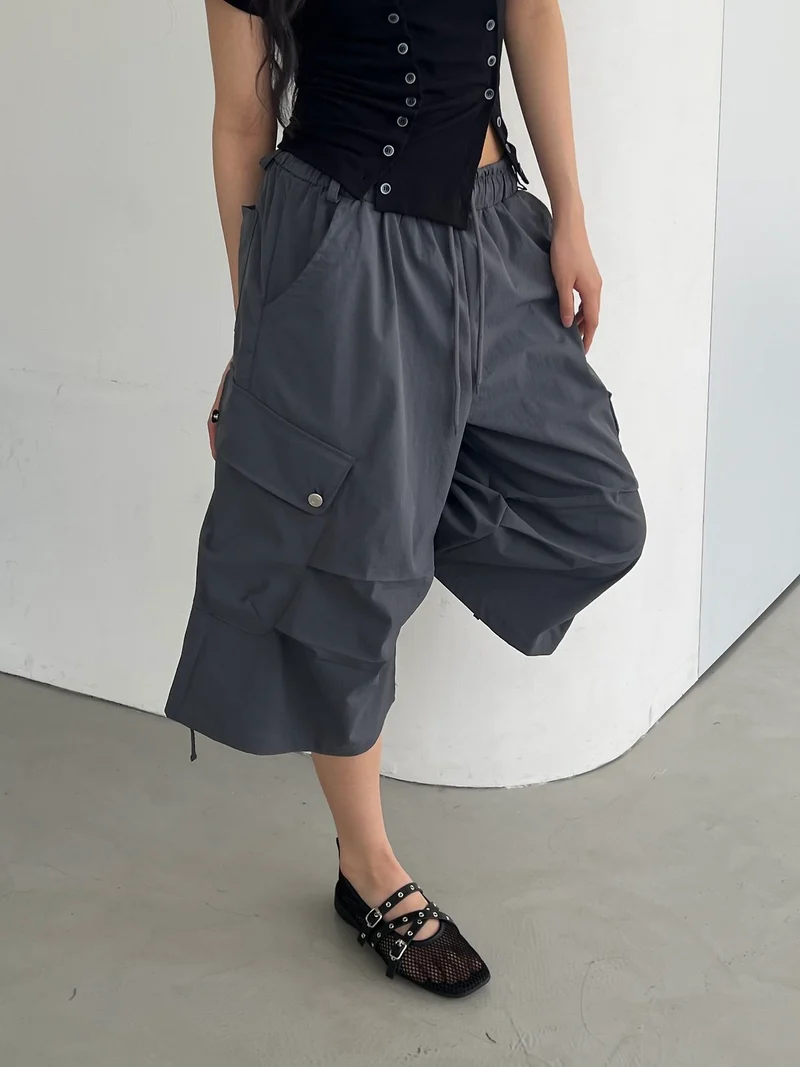ASKHAKI Wide Leg Cargo Bermuda Shorts with Flap Pockets and Drawstring Hem