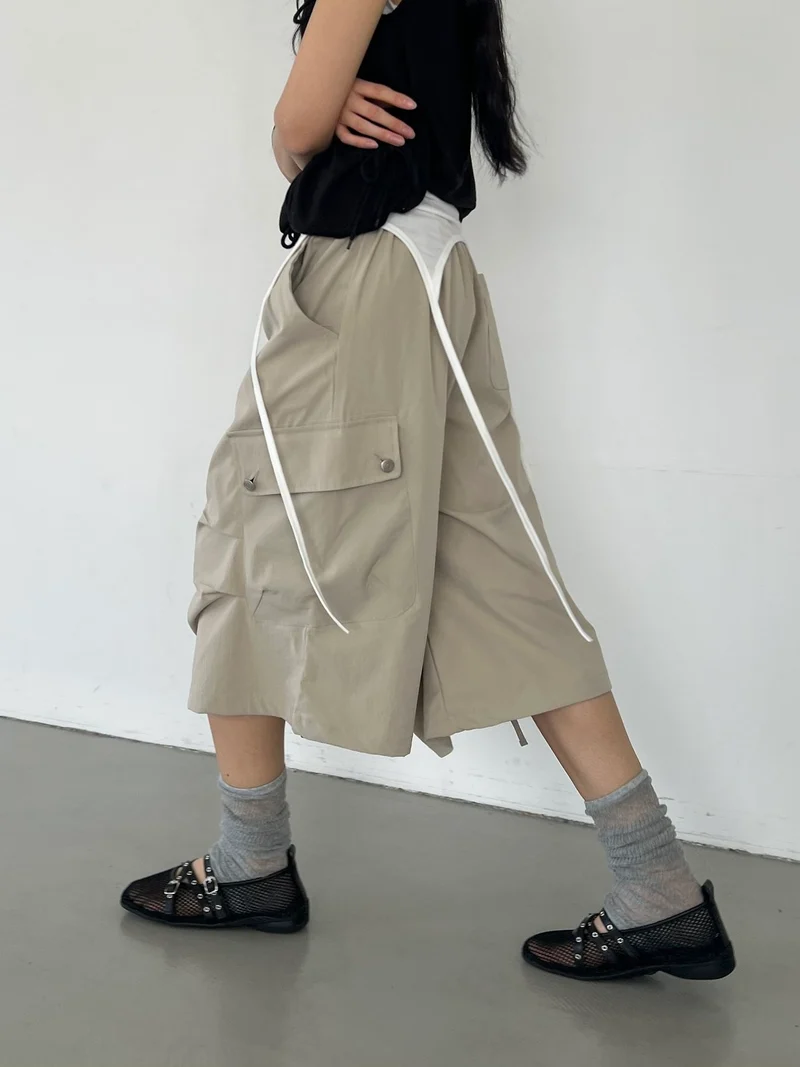 ASKHAKI Wide Leg Cargo Bermuda Shorts with Flap Pockets and Drawstring Hem