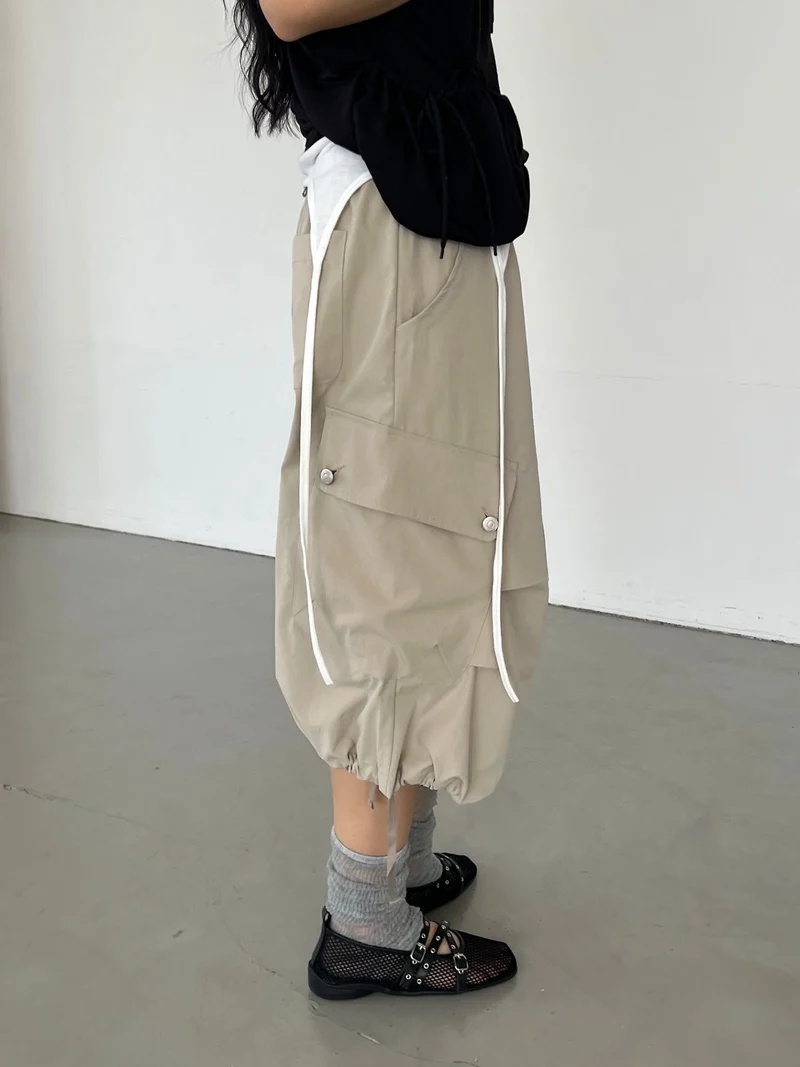 ASKHAKI Wide Leg Cargo Bermuda Shorts with Flap Pockets and Drawstring Hem