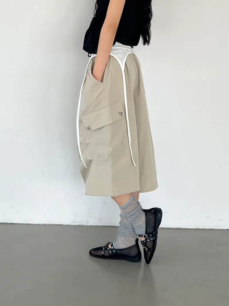 ASKHAKI Wide Leg Cargo Bermuda Shorts with Flap Pockets and Drawstring Hem