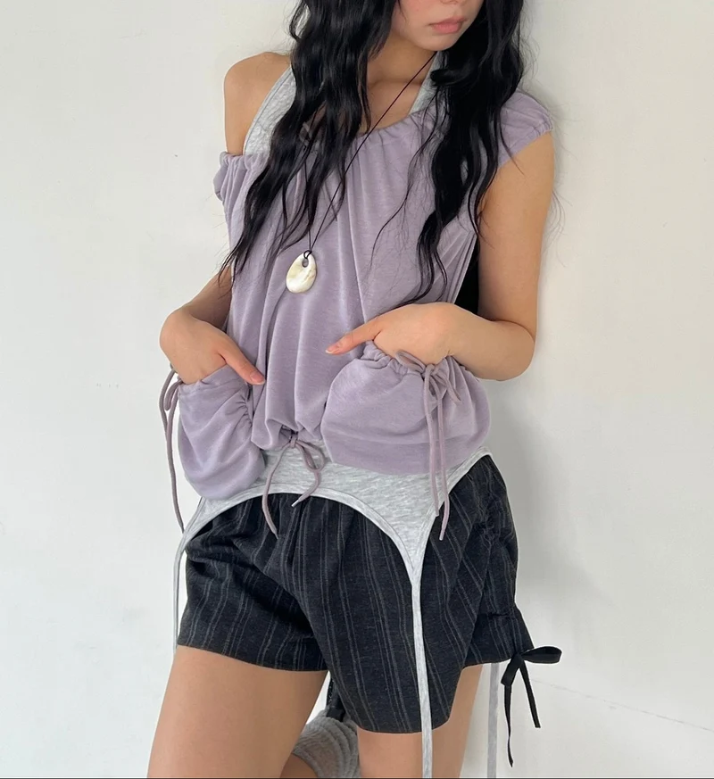 (2Pack) ASKHAKI Off-Shoulder Wide Neck Drawstring Ruffle Pocket Cropped Top