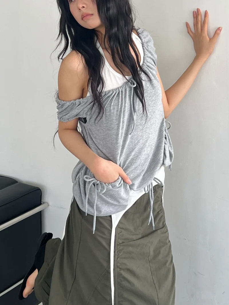 (2Pack) ASKHAKI Off-Shoulder Wide Neck Drawstring Ruffle Pocket Cropped Top