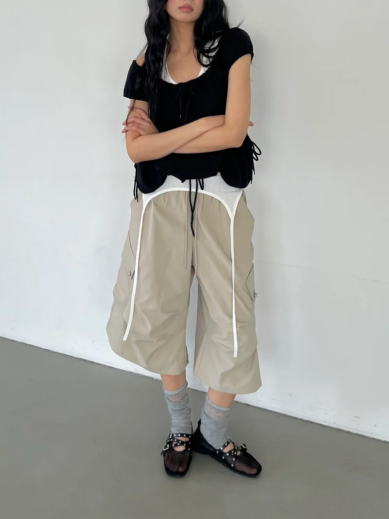 (2Pack) ASKHAKI Off-Shoulder Wide Neck Drawstring Ruffle Pocket Cropped Top