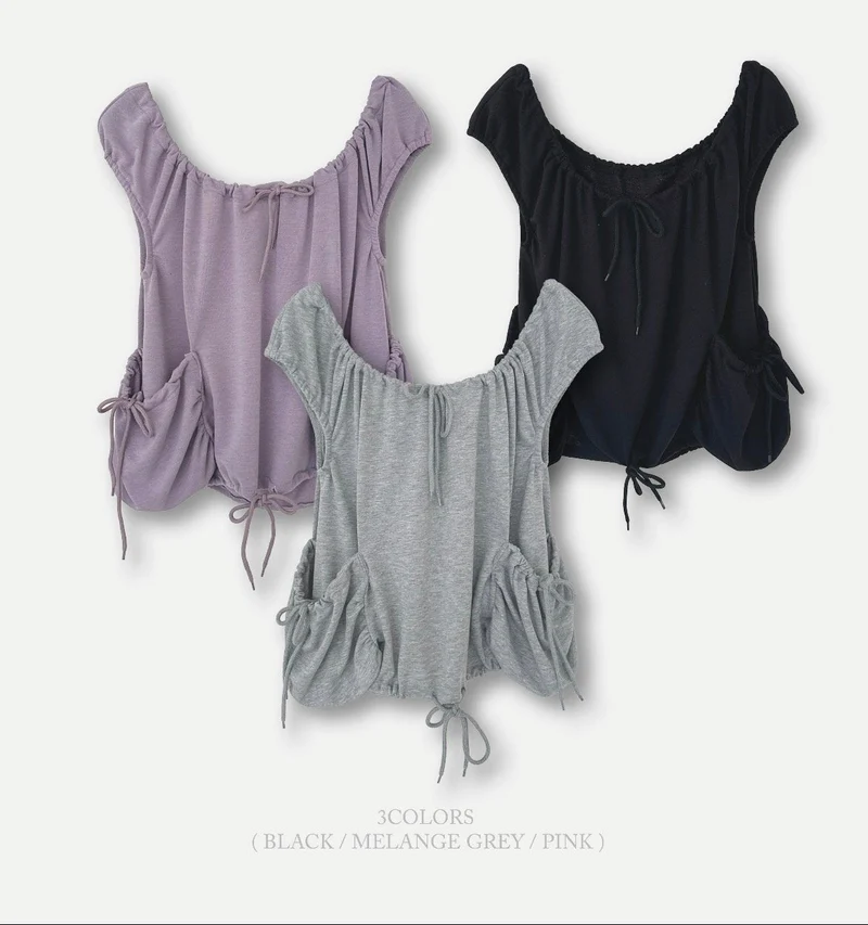 (2Pack) ASKHAKI Off-Shoulder Wide Neck Drawstring Ruffle Pocket Cropped Top