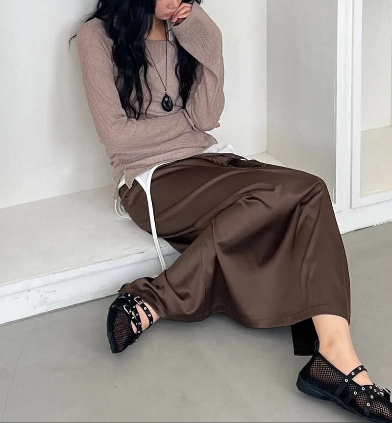 ASKHAKI Contrast Piping Drawstring Wide Leg Long Skirt